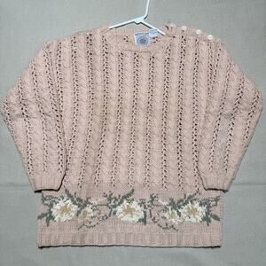 Vintage Cape Isle Knitters Sweater Womens S Pink Floral Boarder Crochet Cottage